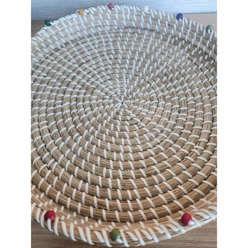 Vintage Hand Woven Round Coil Serving Tray Beaded Edge Basket‎ Made In Vietnam